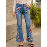 MQTIME  -  Embroidered Jeans Women's ting Washed Denim Jeans, Flare Pants, Casual, Mid Waist, Fashion