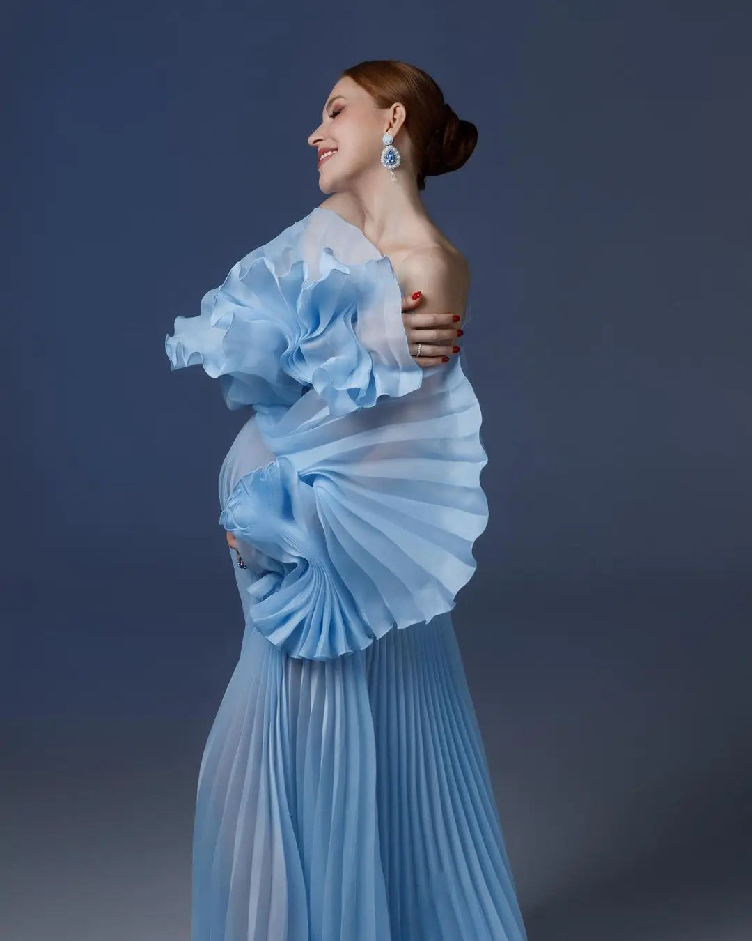 MQTIME - Elegant Blue Pleated Maternity Dresses for Photoshoot Puff Sl mqtime MQTIME - Elegant Blue Pleated Maternity Dresses for Photoshoot Puff Sl mqtime