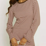 ﻿ MQTIME  -  Striped A-line Mini Casual Dress Women Fashion O Neck Long Sleeve Loose Streetwear Holiday Outfits 2025 Autumn Party Clubwear