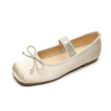MQTIME  -  New Satin Mary Janes Shoes Women Flat Heel Autumn Fashion Butterfly Knot Square Toe Ballet Shoes Female Footwear Large Size 43