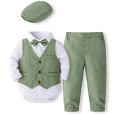MQTIME  -  5Piece Sets Spring Autumn Newborn Boy Clothes Korean Fashion Gentleman Bodysuit+Vest+Pants+Tie+Hat Baby Luxury Clothing BC1684