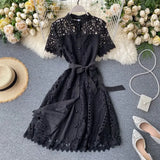 MQTIME  -  Summer New Mid Length Dress Women Dresses A Line Vestidos Hollow Out Round Neck Short Sleeve Single Breasted Elegant High Waist