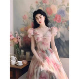 MQTIME  -  High end French Hepburn Style Unique Pink Flower Long Dress Summer Sweet Bubble Sleeve Waist Slimming Vintage Dress for Women