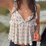  MQTIME  -  y2k Women Ruffle Tops Summer Clothes Solid Color V Neck Hollowed Flower Spaghetti Strap Backless Camisole Streetwear