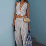 MQTIME  -  Women 2 Piece Set Summer Office Striped Print Sleeveless V Neck Single Breasted Button Vest Top Loose Wide Legs Pants Set