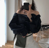 MQTIME  -  Spring Korean Fashion Vintage Solid Square Collar T Shirt Casual French Style Neckline Shoulder Loose Puff Sleeve High Street
