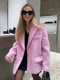 Mqtime Women Sweety Pink Lapel Wool Jackets Long Sleeve Single Breasted Pockets Coat Autumn Female Office Commuter Outwear