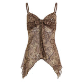  MQTIME  -  Printed Mesh Irregular Suspender Pleated Strap V-neck Short Top Vest