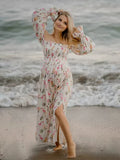  MQTIME  -  Baby Shower Maternity Dress Photoshoot Floral Long Sleeve Maxi Gown Pregnancy Outfit Beach Photography Bump Friendly Clothes