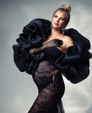 MQTIME  -  Luxury Black Lace Maternity Dress Photoshoot See‑Through Ruffle Mermaid Pregnancy Dress with Shawl 2 Pieces Baby Shower Gown