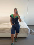  MQTIME  -  Women Lapel Knitted Top Pullover Color Blocking Single Breasted Short Sleeve Slim Short Tops 2026 Female New Chic Top Outfits