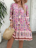 MQTIME  -  Women's Bohemian Printed Dress V Neck Chic Short Dress Loose Fit Viscose Holiday Dresses Femme Hippie Vestidos