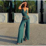 MQTIME  -  Sexy Knit Halter Top Pant Sets Women Asymmetric Backless Sleeveless Crop Vests Wide Leg Pants 2025 Summer Lady Holiday Outfits