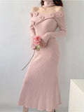 Mqtime women Elegant V-neck Flower Decoration Sweater Dresses Vintage Slim A-line Knitted Party Long Dress Korean Fashion Autumn Winter