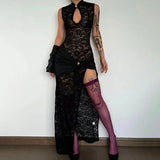 MQTIME  -  Elegant Sleeveless High Split Wrap Hip Dress Sexy Embroidery Lace Hollow Party Dress Spring Summer Solid See Through Women Dress