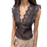 MQTIME  -  Women Floral Lace Trim Sheer Mesh Patchwork Tops Y2K See Thru Sleeveless V-Neck Slim Fit Shirts Summer Going Out Vest