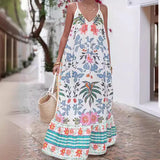 MQTIME  -  Sexy V-Neck Floral Print Beach Dress Casual Sleeveless Spaghetti Strap Long Dresses 2024 Summer Boho Vacation Loose Women Dress