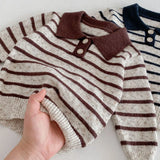MQTIME  -  Spring New Children Long Sleeve Knitted Sweater Cotton Girls Polo Collar Striped Tops Boys Casual Pullover Kids Clothes