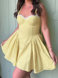MQTIME  -  Women Sexy Yellow Hollow Out Small Dress Halter High Waist Club Party Pleated Dress Elegant Lace Edge Sleeveless A-line Dresses