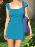  MQTIME  -  American Y2k Summer Sexy Square Collar Short Sleeve Slim Solid All Match Knitted Dresses