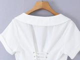 MQTIME  -  White Lapel Women's Short Top Women Single-breasted Buttons Front Placket Back Tie Up Shirt Summer Commute Simple Outfit