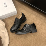 MQTIME  -  Women's Shoes Blok Carving Double Buckle with Velvet Inner Small Leather Shoes Women's Spring and Autumn