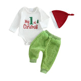 MQTIME  -  Newborn Baby Outfits Winter Warm Letter Print Romper Plush Pants with Hat 3Pcs Christmas Clothes Sets Long Sleeve
