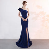 MQTIME  -  Women One Shoulder Evening Dress Solid Color Summer Ruffles Maxi Dresses Sexy Slash Neck Party Long Dress Elegant Streetwear