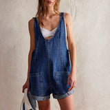 MQTIME  -  Fashion Denim Jumpsuits V Collar Sleeveless Autumn Playsuits Pockets Oversized High Street Rompers Boho Bodysuits