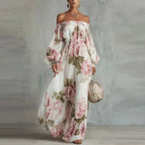 MQTIME  -  Temperament print spring fashion new dress elegant high street style one shoulder lantern sleeve cinched waist dress