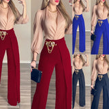 Mqtime Fashion Office Contrast Color Set Office Spring Women SuitsLady Sexy Solid Color V-Neck Tops + Long Suit Pants Sets