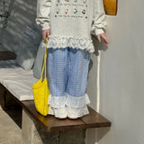 MQTIME  -  Spring Children Girl Straight Pant Loose Lace Floral Hem Belle Girl Wide Leg Pant Cotton Plaid Casual Toddler Girl Trousers