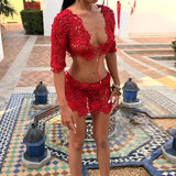 MQTIME  -  Beach Party Two Piece Set Sexy V-neck Hollow Out Lace Tops&Mini Skirts Sets Summer New Solid Color Mesh Knitted Outfits