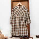  MQTIME  -  Retro Cotton And Linen Long-Sleeved Plaid Dress Girls 2026 Spring New Chic Back Lace-up Loose Pleated Children's Dresses