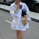 MQTIME  -  White Shirt and Cake Skirt Set for Women Set with Turn Down Collar Long - Sleeve Design Shirt and High Waisted Short Skirt