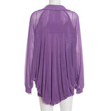  MQTIME  -  See Through Mesh 2 Piece Set Women Turn Down Collar Long Sleeve Asymmetrical Bubble Shirt Crop Tops + Bodycon Mini Skirts Suits