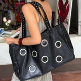 MQTIME  -  Harajuku-style Y2k Cool Large-capacity Punk Dark PU Tote Bags Metallic Ring Holes Storage Bag Handbag Women's Bags Shoulder Bag