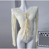 MQTIME  -  Sexy Lace Lace-Up Hollow Out Slim Tops Women Fashion V-Neck Full Sleeve Slim Female T-Shirt 2025 Summer Autumn Chic Lady Shirts