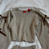 MQTIME  -  Y2K Knitted Splicing Short Skirt Two Piece Set Women Knitted Long Sleeved Sweater Cute Bow Mini Pleated Skirt Autumn Winter Suit