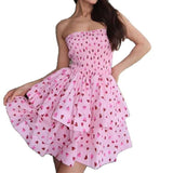 MQTIME  -  Summer New Sweet Pink Strapless Heart Print Sleeveless High Waist Puffy Short Dress Women