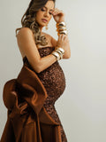 MQTIME  -  Elegant Strapless Sequin Maternity Gown Satin Bow - Formal Pregnancy for Wedding, Party, Prom Floor Length Brown Maternity Gown