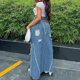 MQTIME  - Tassel Hole Denim Maxi Skirts Women High Waist Button Fly Split Ripped Long Jeans Skirt Fashion Casual Streetwear Bottoms