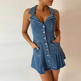 MQTIME  -  Lapel V-neck Sleeveless A-line Denim Dress for Women Pleat Ruff Hem Short Skirt High Street Single-breasted Elegant Casual Skirt