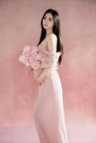  MQTIME  -  Summer Maternity Photoshoot Dress Elegant Pink 2 Piece Outfit Top and Long Skirt for Pregnant Women Baby Shower Home Studio