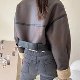 MQTIME  -  Woman's Fashion Thick Warm Faux Shearling Jacket Coat Women Vintage Long Sleeve Belt Hem Female Leather Outerwear Chic Tops