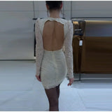 MQTIME  -  Sexy White Lace Full Sleeve Mini Dress Women O-neck Backless Hip Package Slim Waist Cinching Dresses Lady Evening Party Vestidos