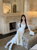 MQTIME  -  Spring Elegant Knitted Dress Women Lace Patchwork Koeran Princess Midi Dress Female Casual Sweet Even Party Fairy Dress