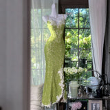MQTIME  -  Romantic Green Lace Women's Mermaid Evening Dresses Spaghetti Strap V Neck Sleeveless White Lace Trim Slit Formal Party Gown