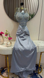 MQTIME  -  Grey Blue Mermaid Satin Evening Dress Halter Corset Rhinestone Beaded Twisted Waist Formal Wedding Party Prom Gown