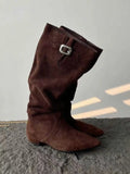 MQTIME  -  Women's Calf Boots Spring Slouchy Boots Sheepskin Ruched Low Heel Pointed Toe Mid Calf Knee High Denim Cowboy Riding Boots